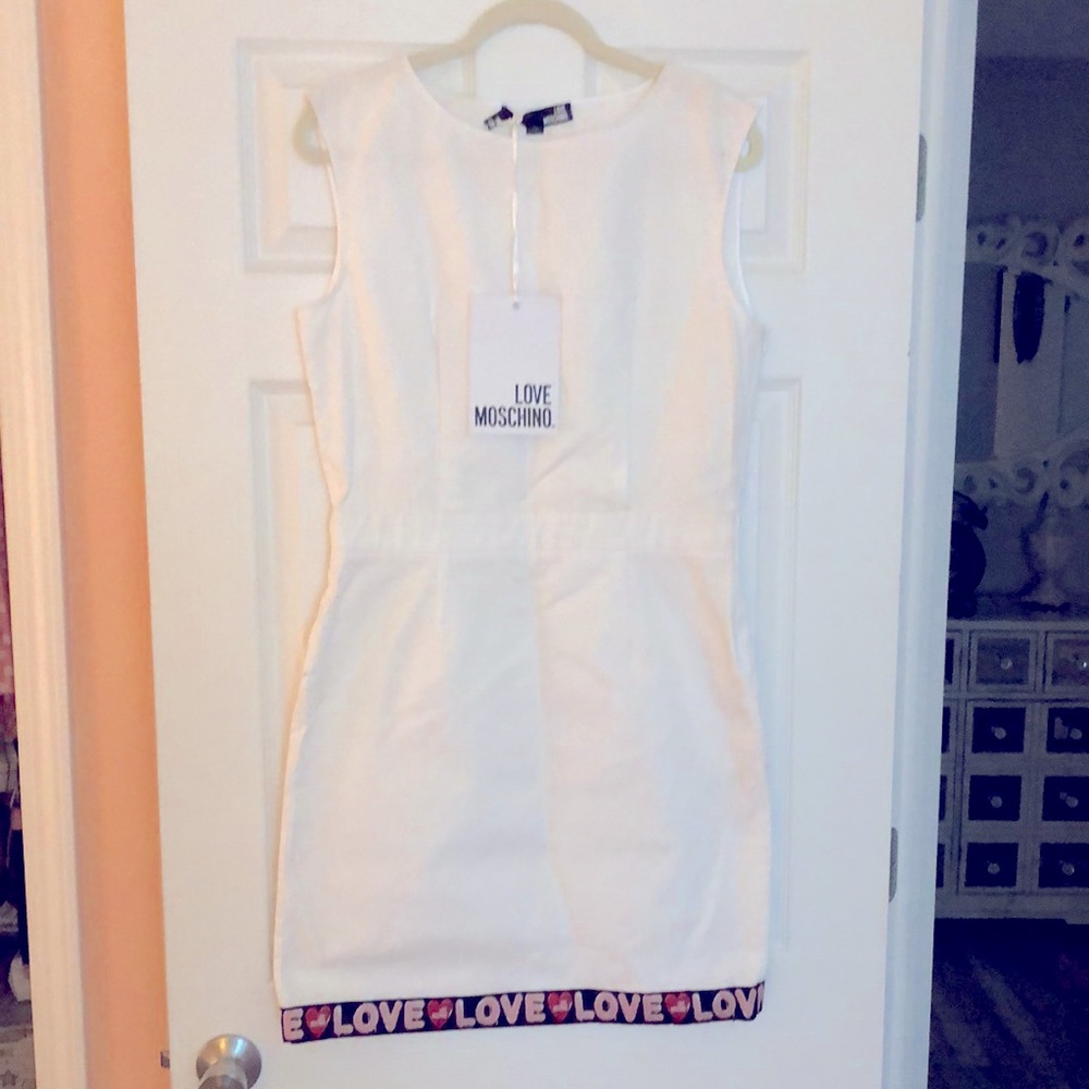 Love Moschino white sleeveless dress logo hem